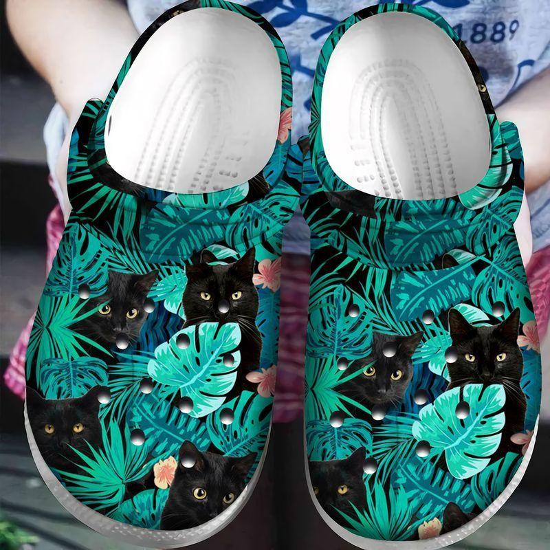 Black Cat Personalized Clog, Custom Name, Text Floral Black Cat, Fashion Style For Women, Men, Kid, Print 3D