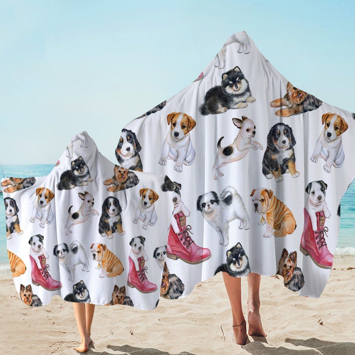 Cute Puppy In Shoes Puppy Family White Printed Hooded Towel