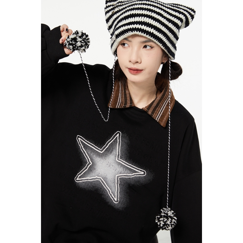 Black Plush Sweatshirt Star Printing Women Round Neck American Fashion Vintage Streetwear Lazy Wind Warm Winter Female Pullover alx