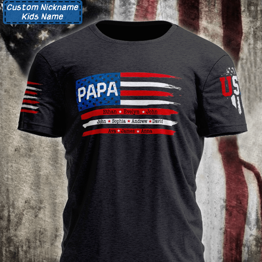 Personalized Grandpa With Grandkids American Flag T Shirt Printed On Sleeves Papa Shirt