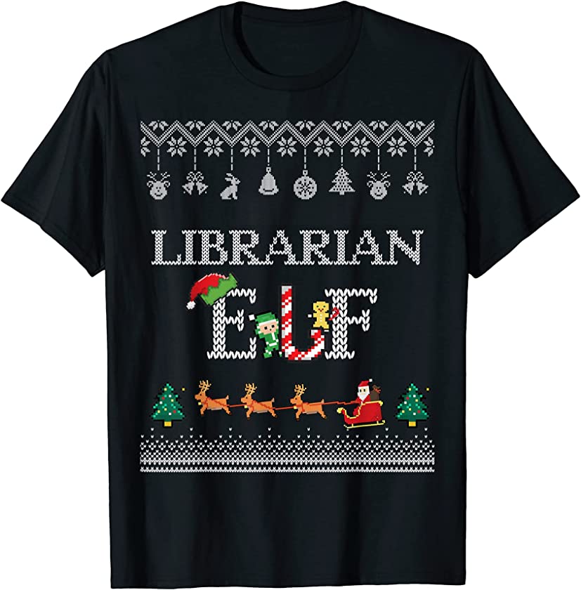 Ugly Christmas Librarian Elf Library Bookish Holiday T-Shirt