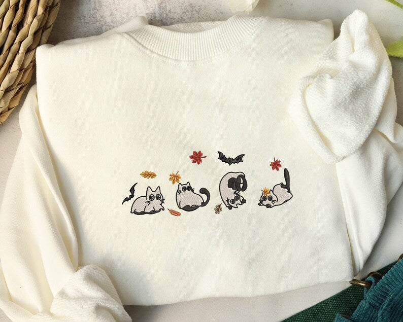 Cute Cat Ghost Fall Embroidered Sweatshirt 2D Crewneck Sweatshirt All Over Print Sweatshirt For Women Sweatshirt For Men Sws4172