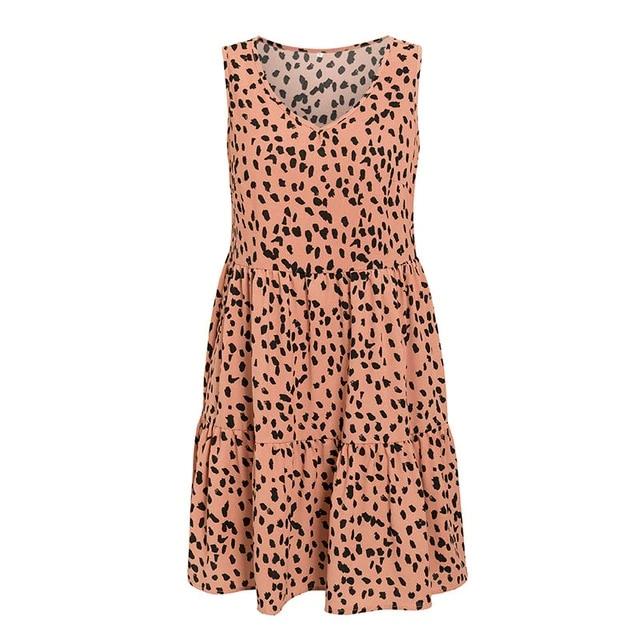 V-Neck Sleeveless Casual Dot Print Loose Leopard Dress