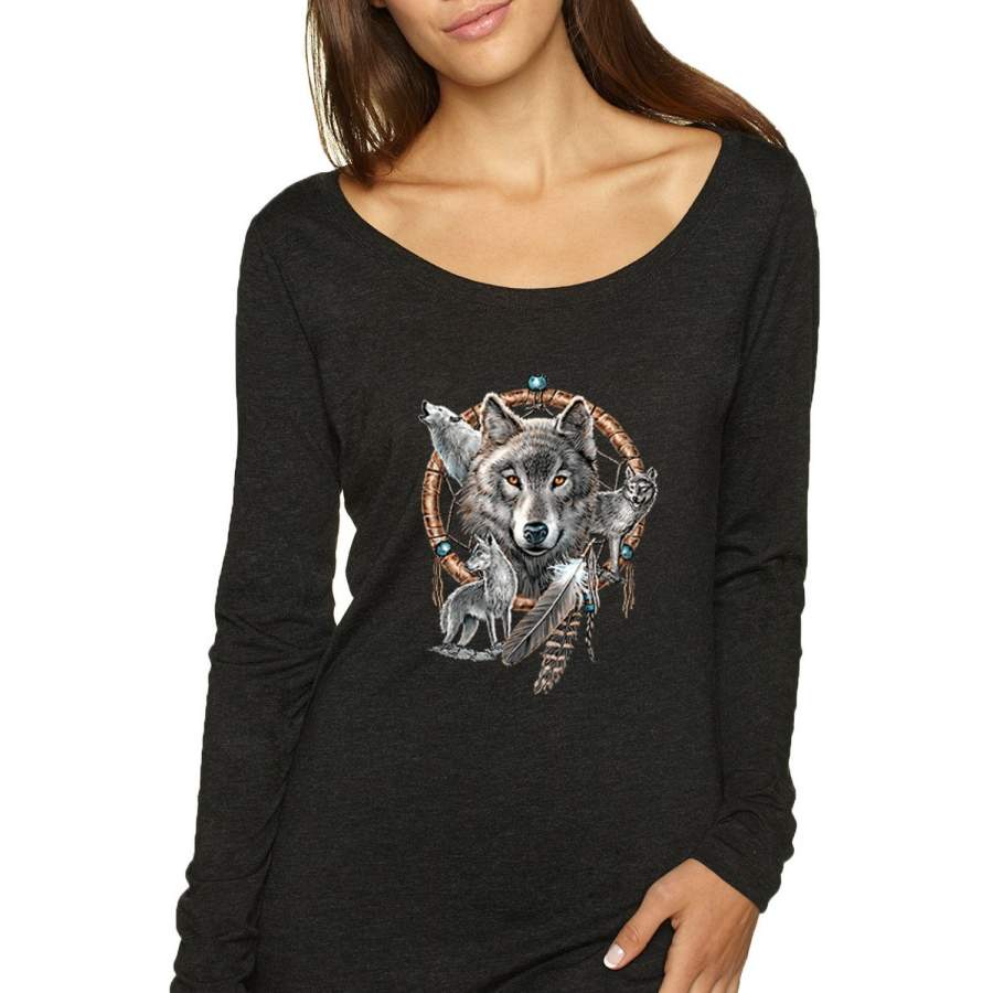 Wolves in Dream Catcher Animal Lover Womens Scoop Long Sleeve Top