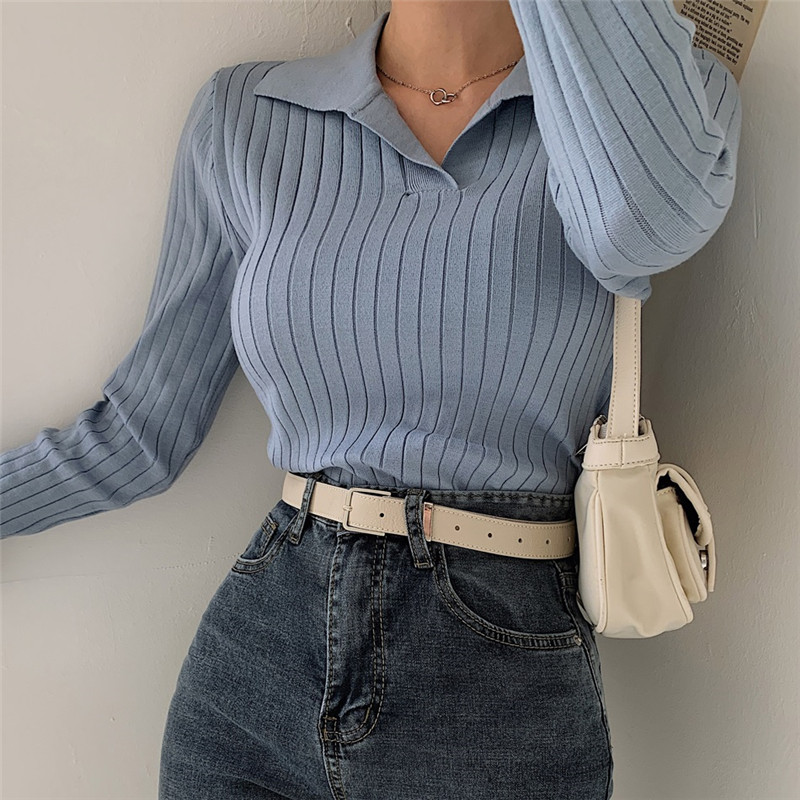 Turn Down Collar Casual Women Sweater Long Sleeve Knitwear Top Knitted Pullovers Fall Clothes Elastic Basic Outwear Korean I688 alx