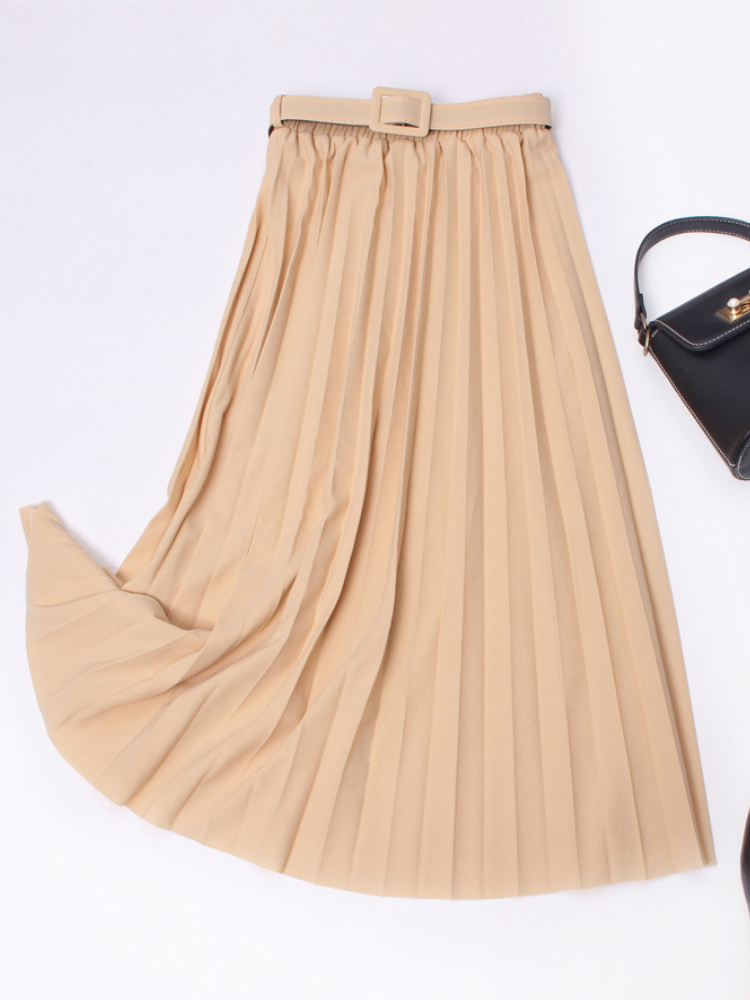 Autumn 2022 Women Pleated Skirt With Belt Fashion Midi Skirt Solid Color Loose High Waist Skirts Casual Female Women’s Skirt alx