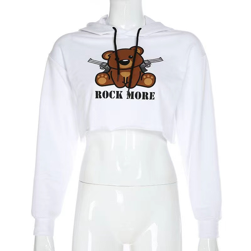 Women’s Cute Loose Oversize Bear Cartoon Letter Print Long Sleeve Cropped Hoodies Harajuku Chic Punk Crop Top Sweater T Shirt Te alx