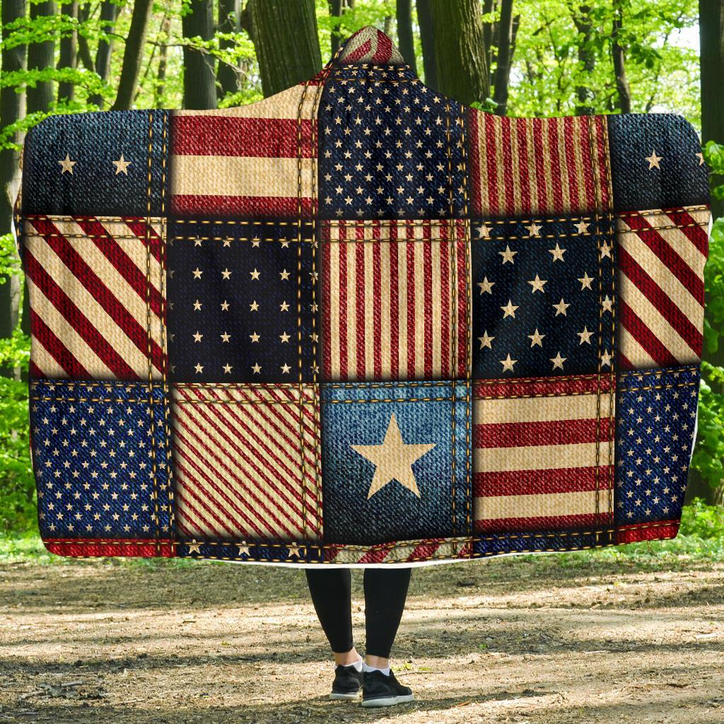 American Flag Patchwork Design Hooded Blanket