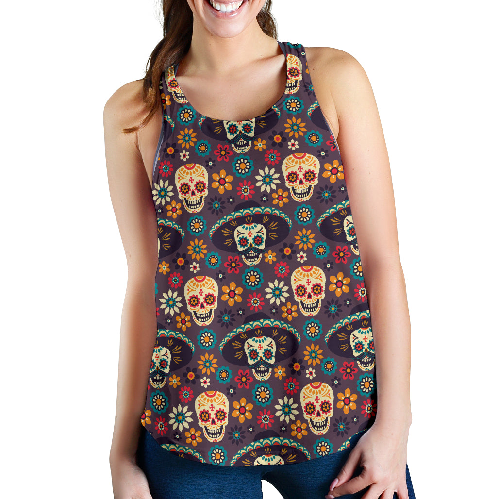 Sugar Skulls Flower Maxican Pattern Women Racerback Tank Top