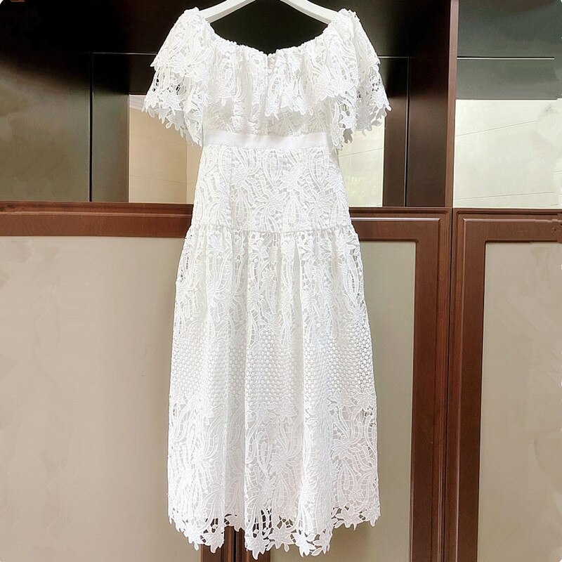 2020 New Style Laser Engraved High Quality Women Lace Dress Flower Embroidery Lady White Midi Dress alx