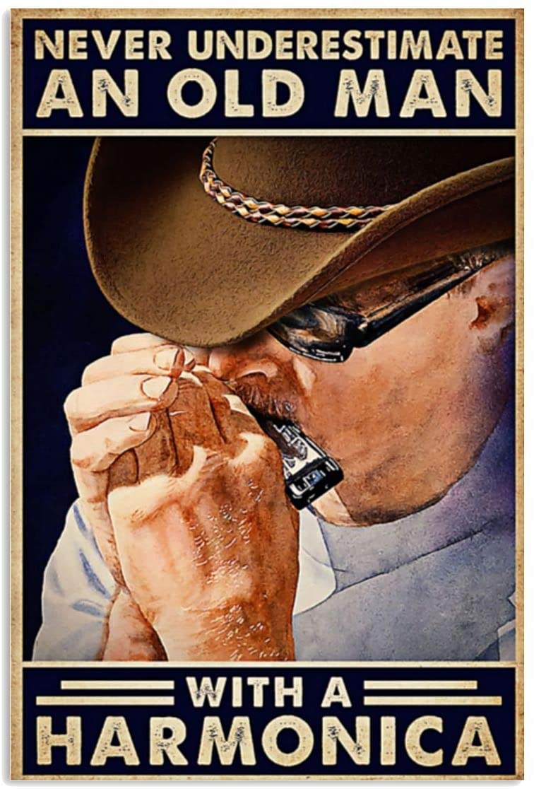 Vintage Old Man Harmonica – Never Underestimate Poster Art Print      Home Decor Gift For Men Women Family Friend On Birthday Xmas