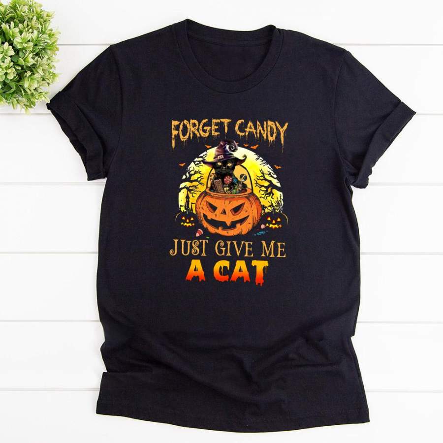 Black Cat Halloween Forger Candy Just Give Me A Cat Halloween Gift Black Cotton T Shirt For Men and Women S-6XL