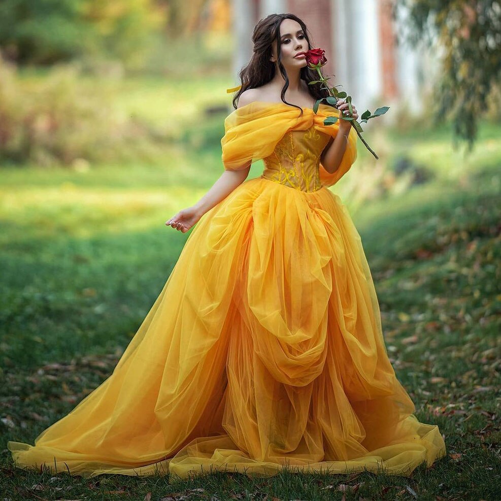 Vibrant Bright Yellow Prom Dress Off-The-Shoulder Ruffles Sleeves Floor Length Layered Puffy Tulle Print Pageant Gown Plus Size alx