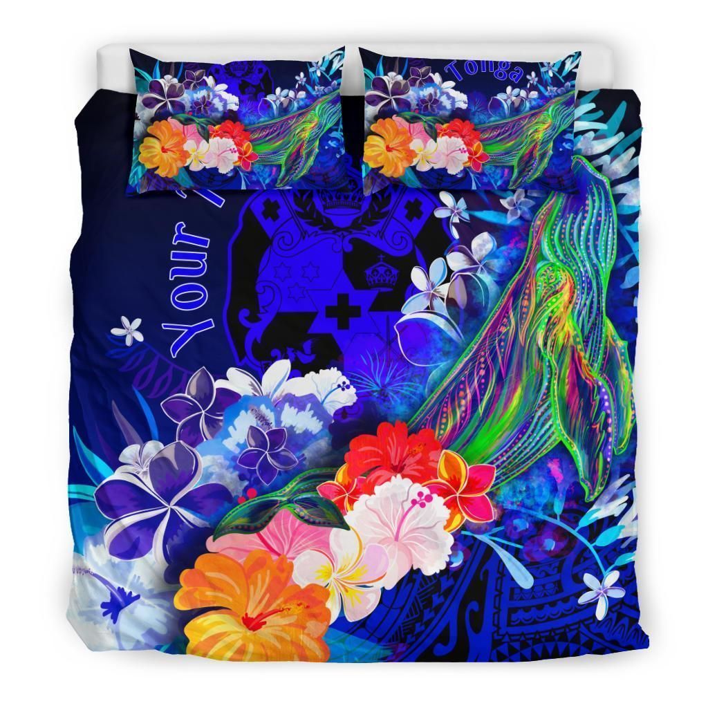 Alohawaii Bedding Set – Cover And Pillow Cases Tonga Custom Personalised – Humpback Whale With Tropical Flowers (Blue)- Bn18