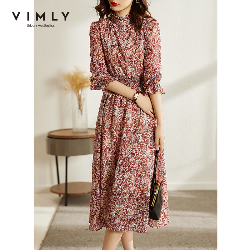 VIMLY Long Sleeve Floral Dress Women Autumn Elegant Stand Collar Vintage Dresses Office Lady Robe Long Dress Midi Vestidos F8829 alx