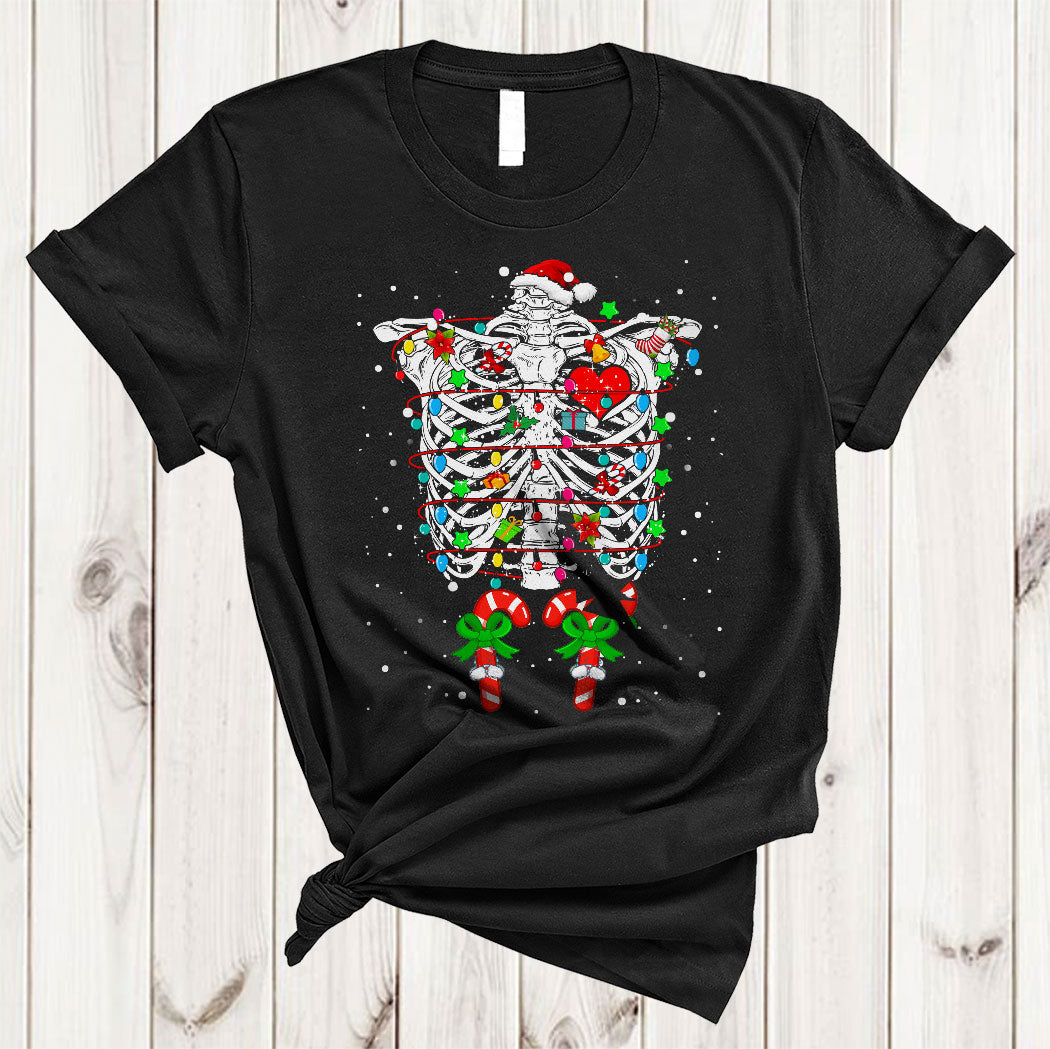 Skeleton Rib Cage X-Ray Funny Christmas Lights Pregnancy Announcement Candy Canes T-Shirt