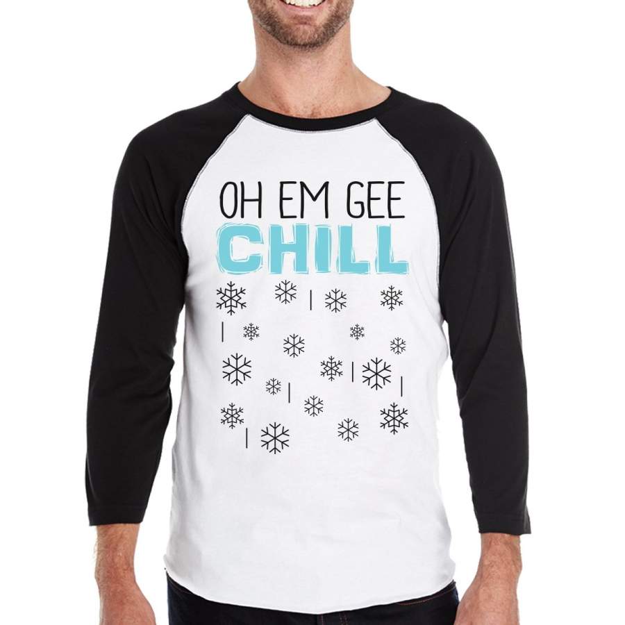 Oh Em Gee Chill Snowflakes Mens Black And White Baseball Shirt