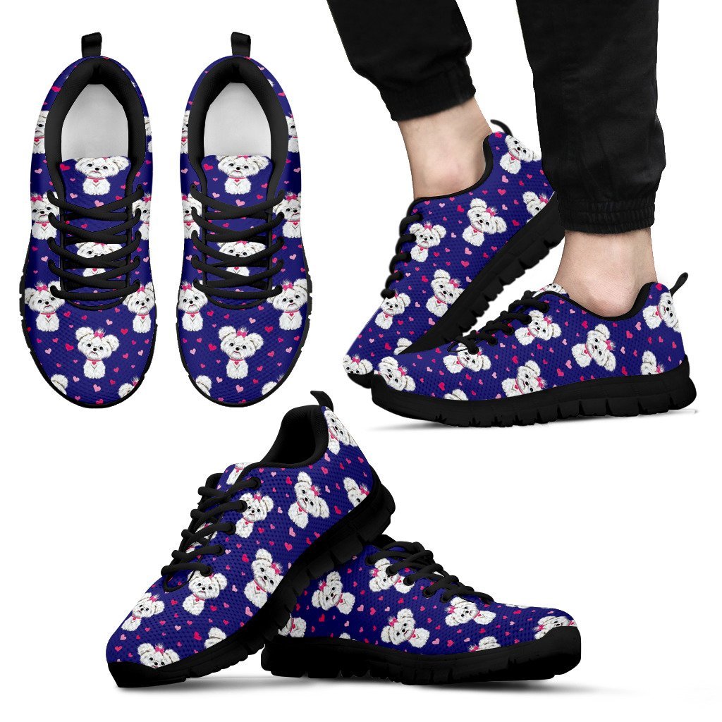 Puppy Dog Maltese Pattern Print Black Sneaker Shoes For Men Women