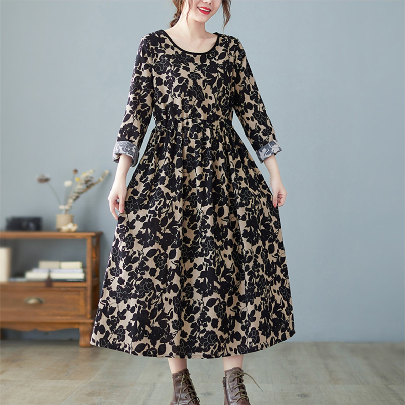 2021 Spring Autumn Cotton Linen Long Sleeve Vintage Floral Print Dress Ladies Casual Dresses Elegant Vestidos Robe Longue Femme alx