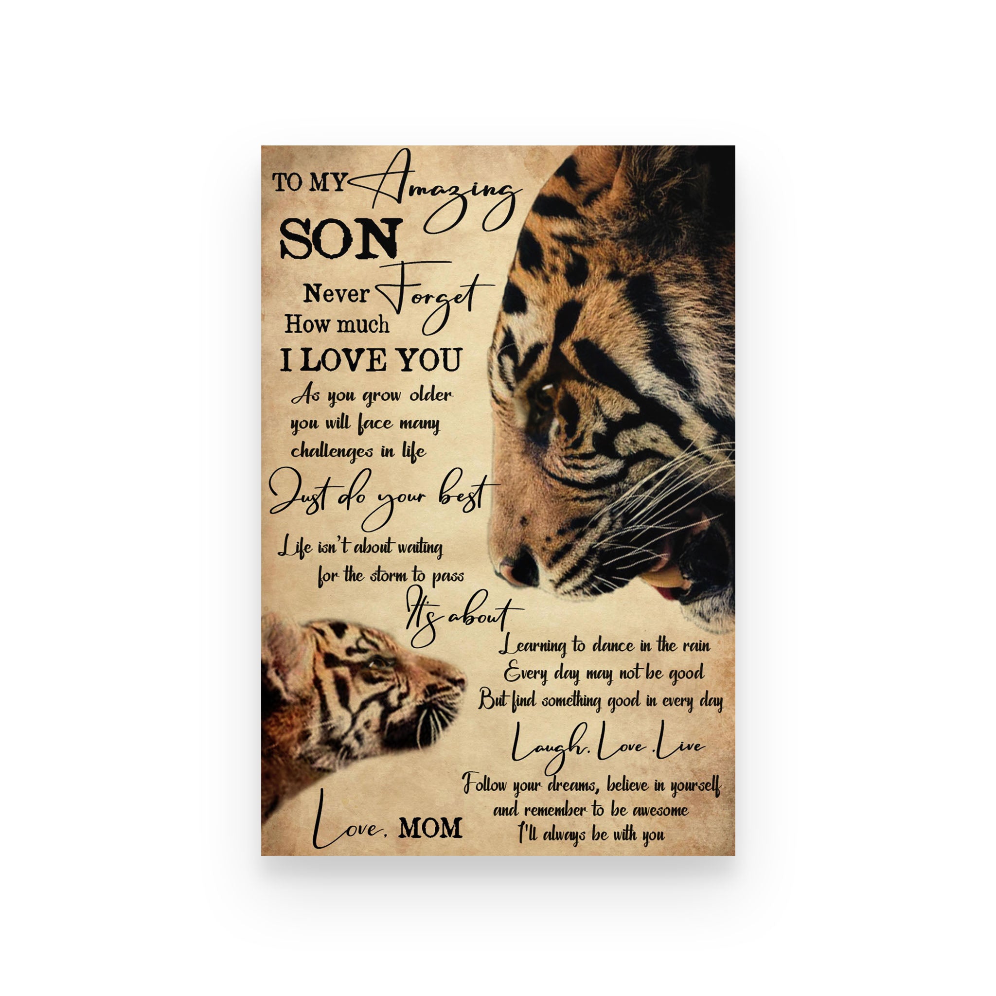 Tiger poster Mom to son as you grow older you will face many challenges in life just do your best