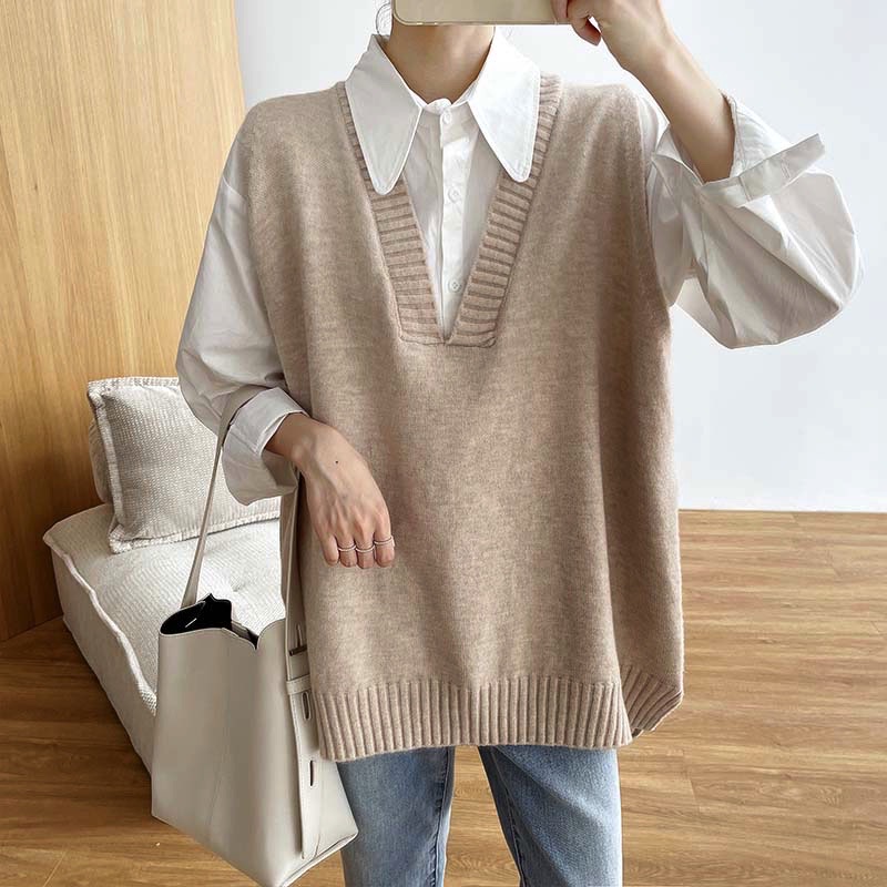 TingYiLi Korean V-neck Oversized Sweater Vest Spring Autumn Women Sleeveless Sweater Black Gray Beige Blue Long Knit Vest Loose alx