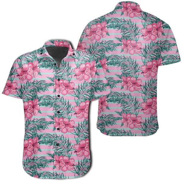 Tropical Flowers Palm Leaves Hibiscus Strips Hawaiian Shirt