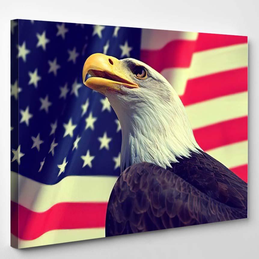 Portrait Bald Eagle Background American Flag – Eagle Animals Canvas Print