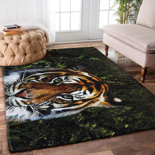 Beautiful Tiger Green Eyes In Immense Forest Area Rug Home Decor