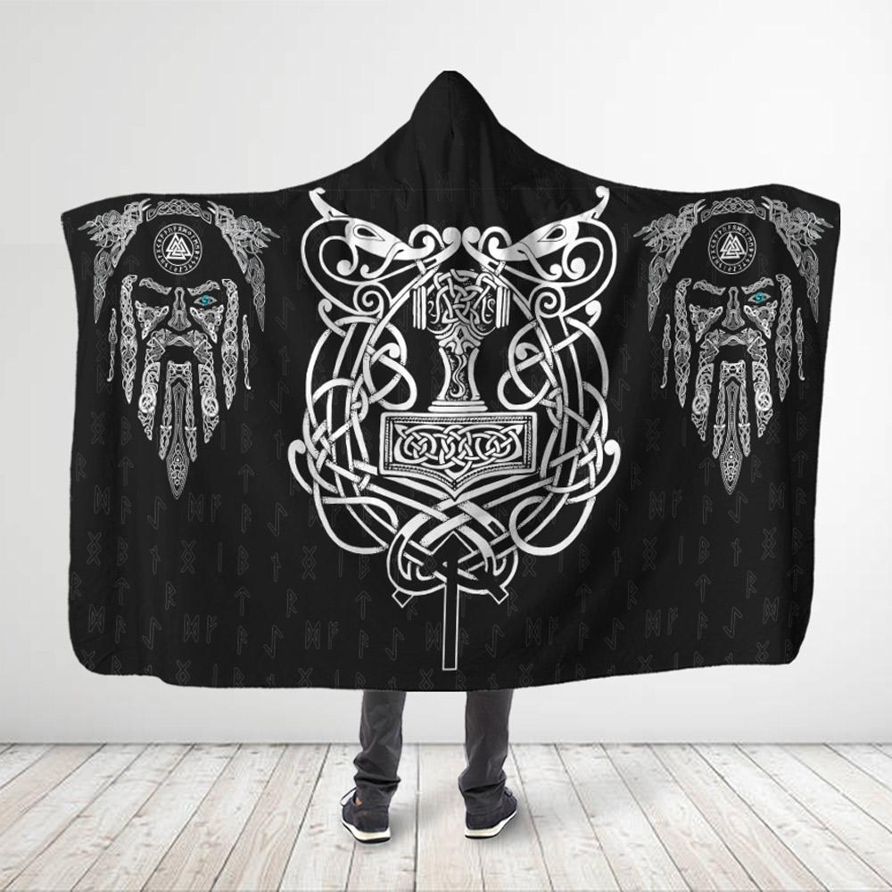 ViticStore™ 3D All Over Printed Viking Hammer With Viking Warrior – Black Hooded Blanket