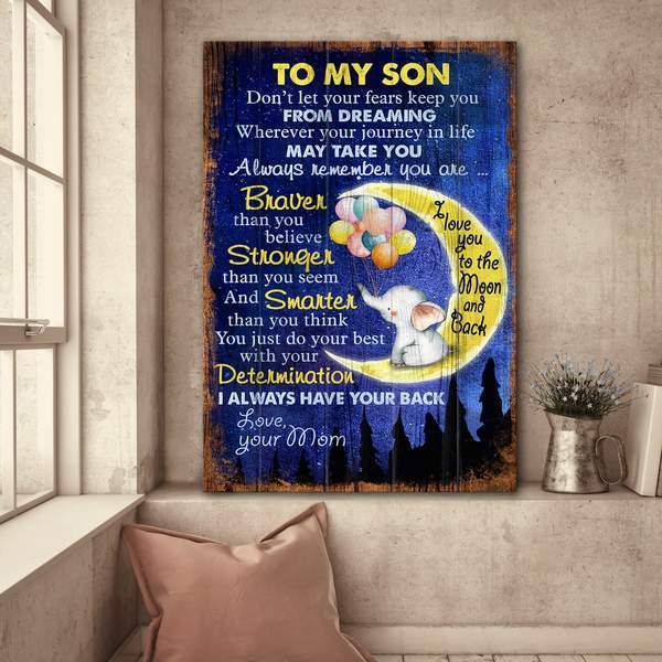 Mom To Son – Elephant – I Love You To The Moon And Back – Family Portrait Canvas Print – Poster And Canvas Art Wall Decor