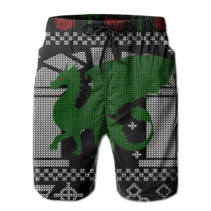 2 Pack Dragon DnD Ugly Christmas Sweater Poster Men Swim Trunks Drawstring Elastic Waist Quick Dry Beach Shorts with Mesh Lining Swimwear Bathing Suits