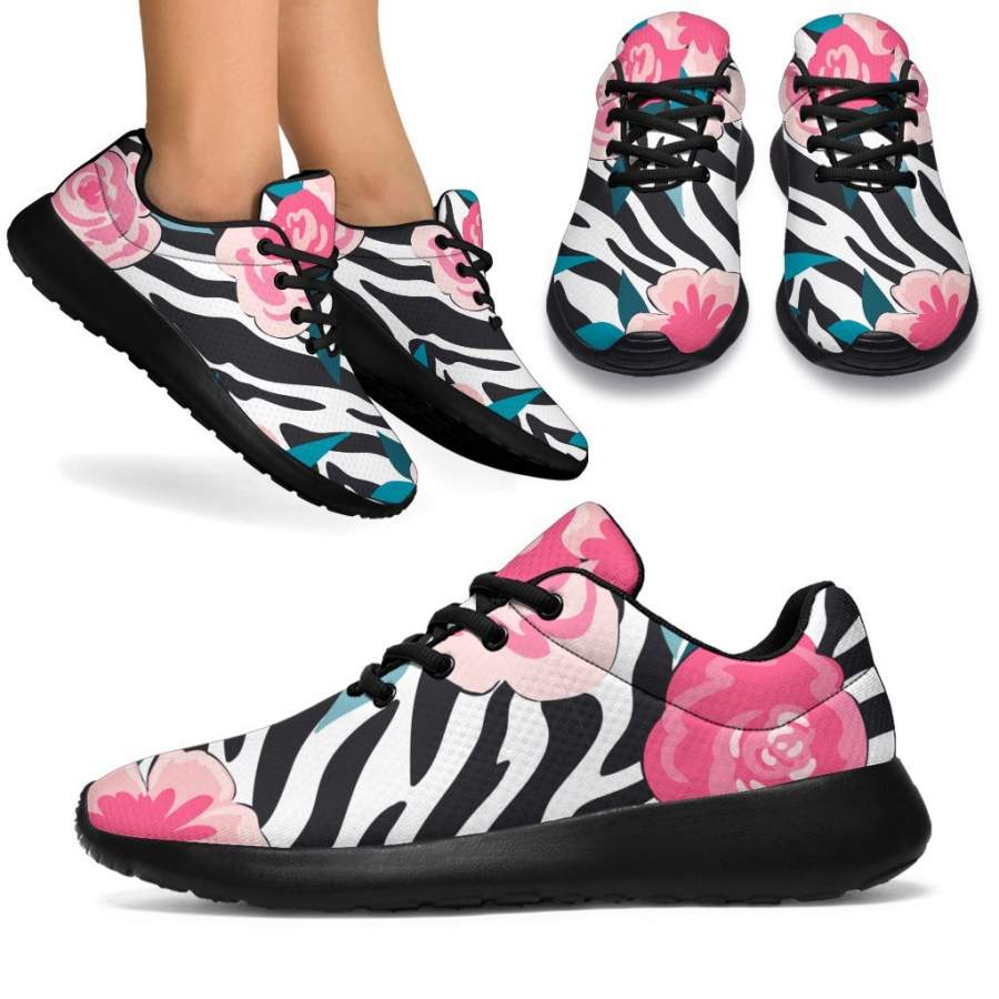 Black White Zebra Floral Pattern Print Sport Sneakers