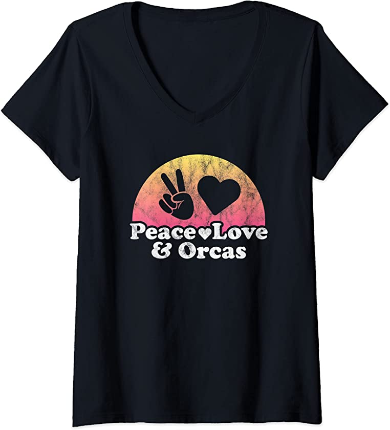 Womens Peace Love and Orcas Orca V-Neck T-Shirt