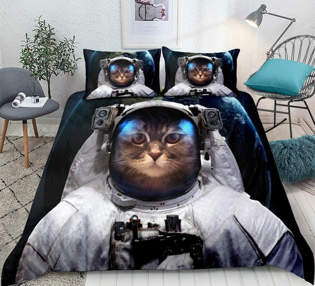 3D Astronaut Cat In Black Space Planet Animals Duvet Cover Set, Microfiber Fabric, Twin/Full/Queen/King Bedding