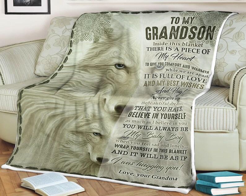 Wolf Blanket To My Grandson Believe In Yourself You Will Always Be My Baby Boy, Gift For Grandson Family Home Decor Bedding Couch Sofa Soft And Comfy Cozy