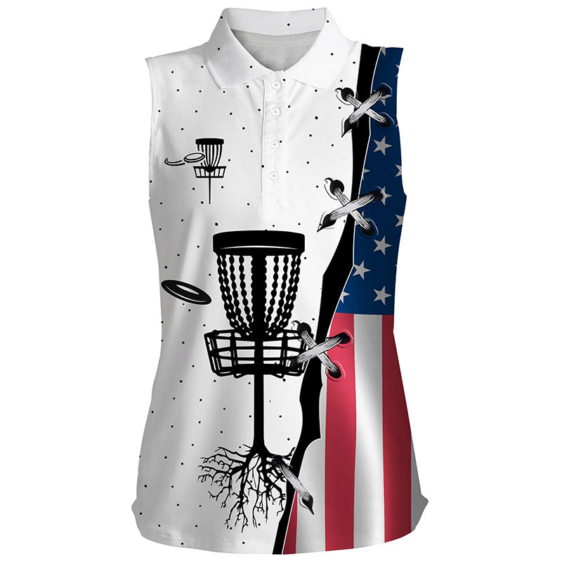 Womens Sleeveless Disc Golf Polo Shirt, American Flag Disc Golf Team Shirt, Disc Golf Gifts