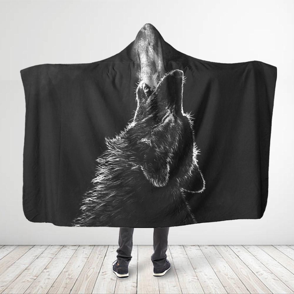 Wolf 3D All Over Printed The Howling Of Black Wolf Hooded Blanket