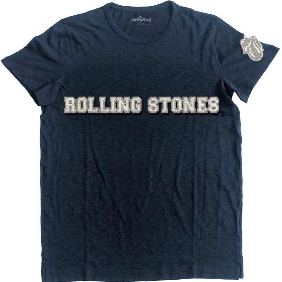 The Rolling Stones- Logo and Tongue Applique – Navy Blue Slab Cotton  T-shirt