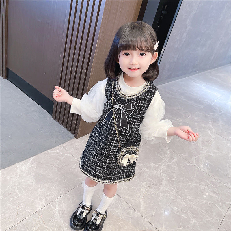 2021 Baby Girl Fashion Clothing Set Plaid Dress+ Sweaters+Cute Bear,Kids Girls Spring Autumn Elegant Suits Children Vestidos alx