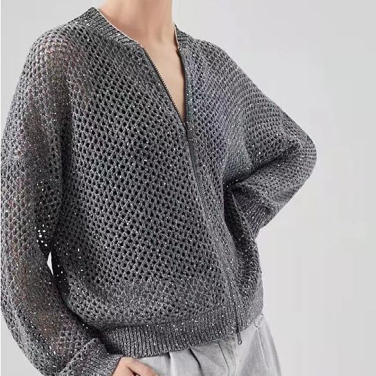 2022 New Ladies Sequins Hollow Out Knitwear Top Spring Summer Long Sleeve O-Neck Slim Knit Sweater for Female alx