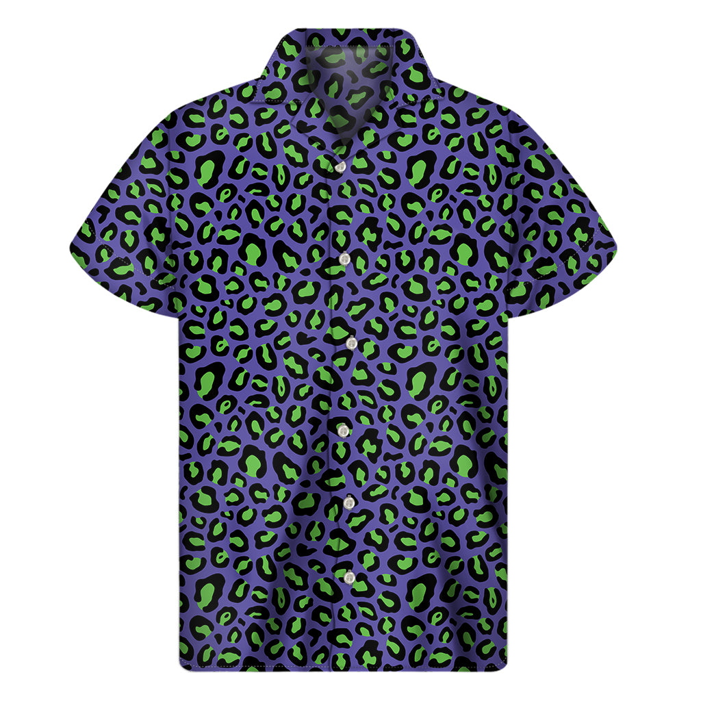 Purple And Green Leopard Pattern Print Men’S Short Sleeve Shirt