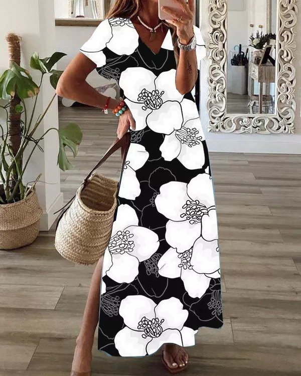 Women Vintage Printing Elegant Long Dress Short Sleeve V-Neck Casual Holiday Boho Dresses Ladies Summer Beach Party Vestidos alx