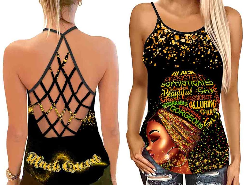 Gorgeous Sophisticated Black Queen Tank Top Shirt Women – Black Girl Criss Cross Open Back Camisole Tank