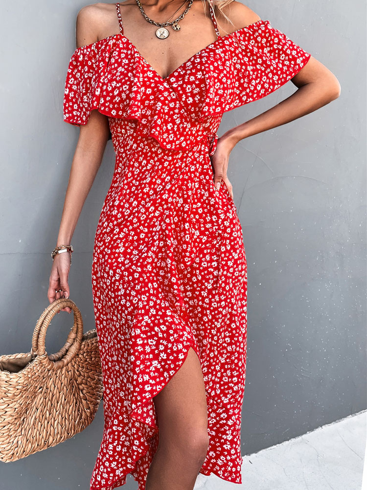 Summer Spaghetti Strap Long Dress Women Floral Print Boho Dress Off Shoulder Elegant Party Dress Fashion Chiffon Split Dress alx