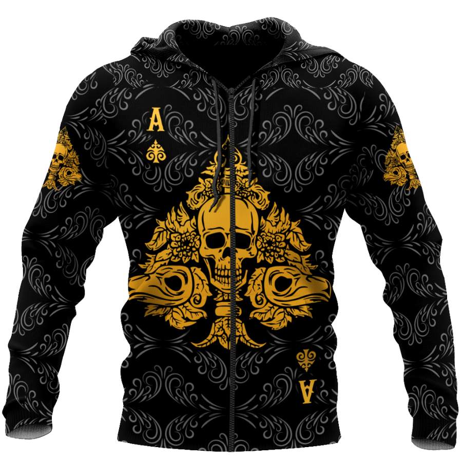 3D Ace Spade Skull Poker Over Printed Hoodie TP