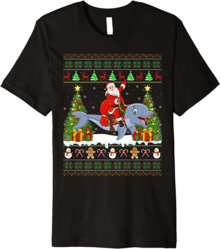 Dolphin Fish Lover Funny Ugly Santa Riding Dolphin Christmas Premium T-Shirt