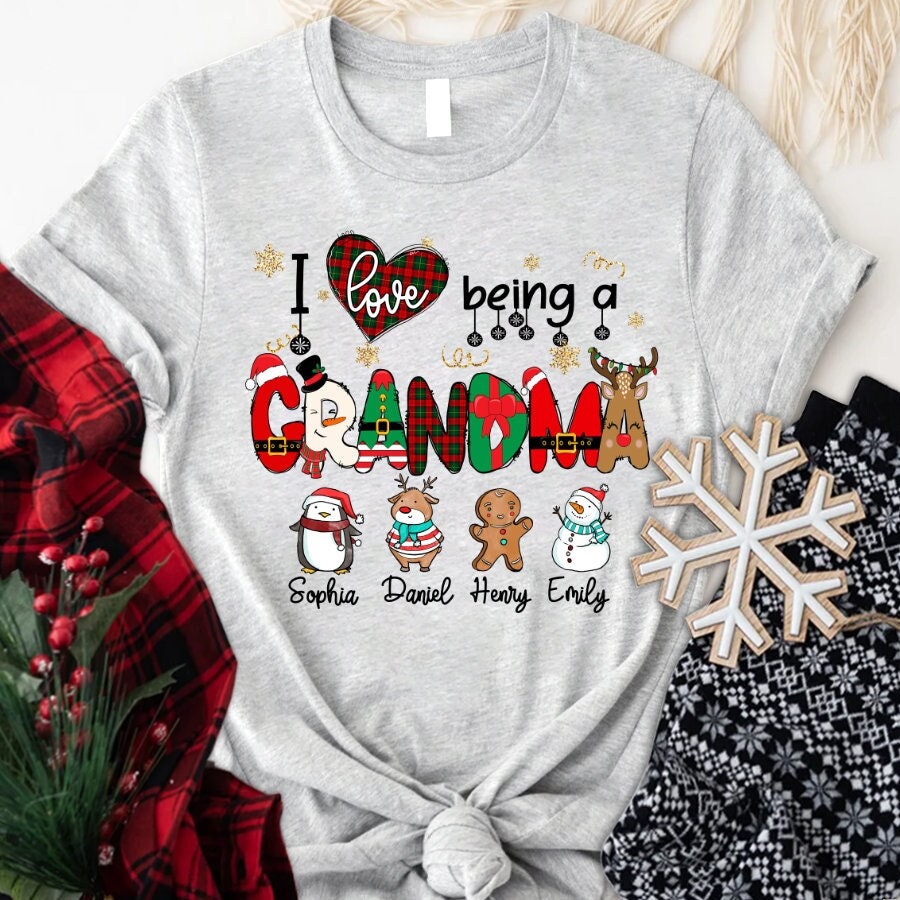 Personalized I Love Being Grandma Christmas Shirt, Custom Christmas Grandma Shirt Custom Kidname, Xmas Claus Grandma Snowman Nana Mimi Shirt