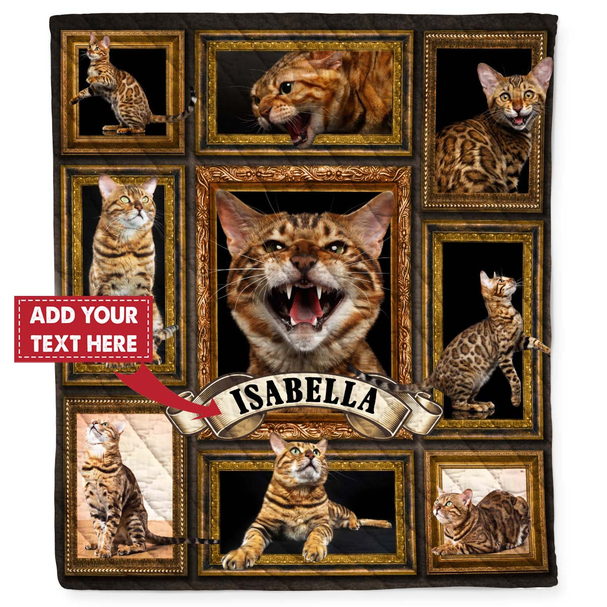 Personalized Custom Name Bengal Cat Kitten Custmize Quilt Blanket