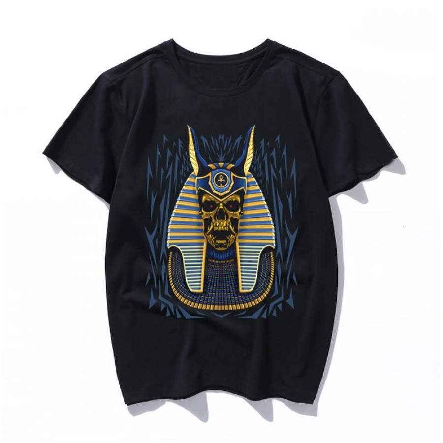 Egyptian Pharaoh Skull Gold Kawaii Ullzang Harajuku Aesthetic T-Shirt Cartoon Print Short Sleeve Tops Tees Korean New Fashion Casual Women’S Men’S