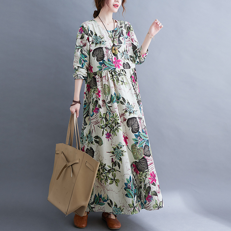 2022 New Print Floral Long Sleeve Vintage Autumn Dress Loose Long Maxi Dress Cotton Linen Women Casual Spring Dress alx